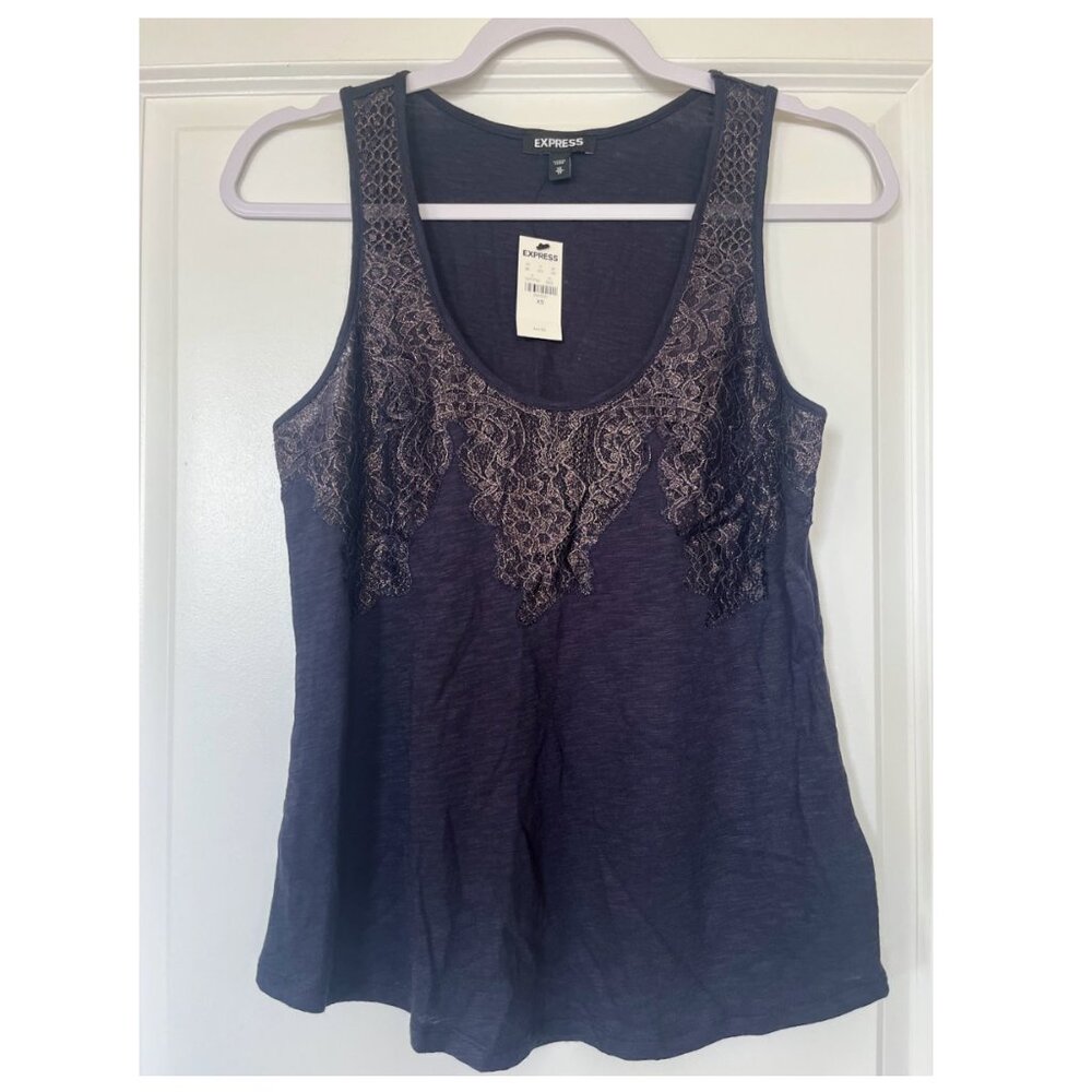 Express Navy Blue Festive Tank Top with Lace Detail
